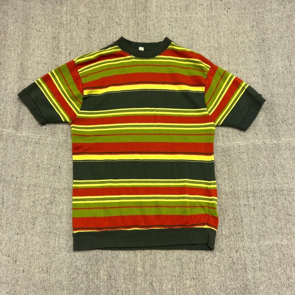 Vintage Town craft Striped Sweatshirt Mens Medium Green 1960s Short Sleeve